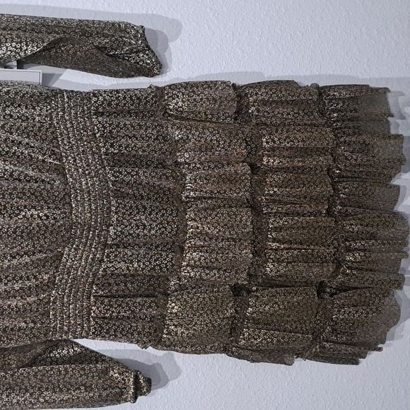 Plus Size Long Sleeve Mock Neck Smocked Waist Tiered Metallic Dress - Picture 5 of 10